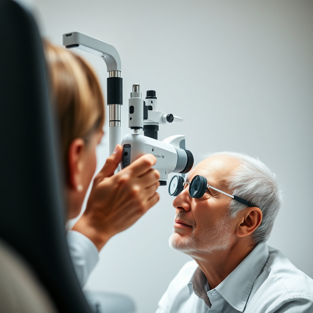 A high-quality image depicting a modern optometrist performing a detailed eye examination on a patient using advanced ophthalmic equipment. The lighting is bright and clinical, highlighting the precision of the process. Style reference: Professional healthcare photography.