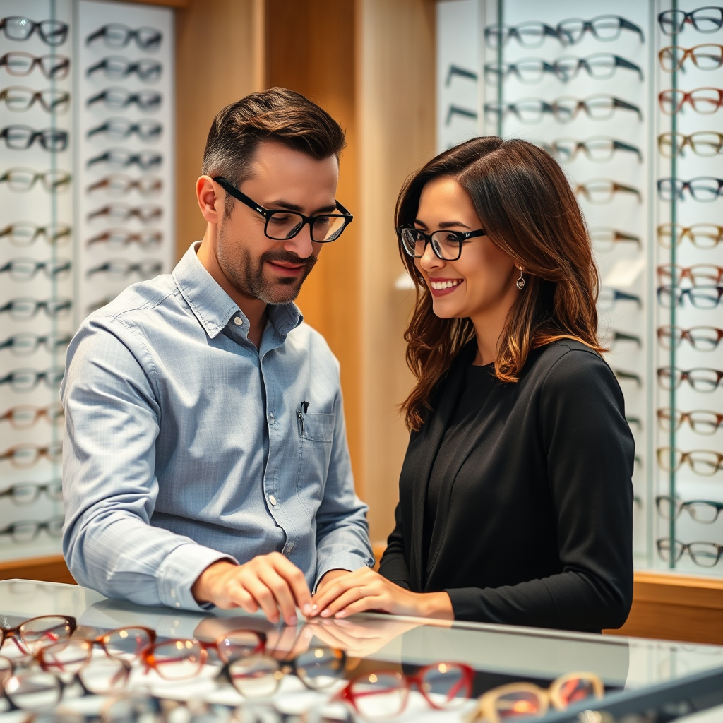 Capture a warm and inviting scene where a skilled optician is assisting a customer in choosing eyewear. The background should showcase a diverse array of frames. The lighting should be soft and flattering. Style reference: Upscale retail photography.